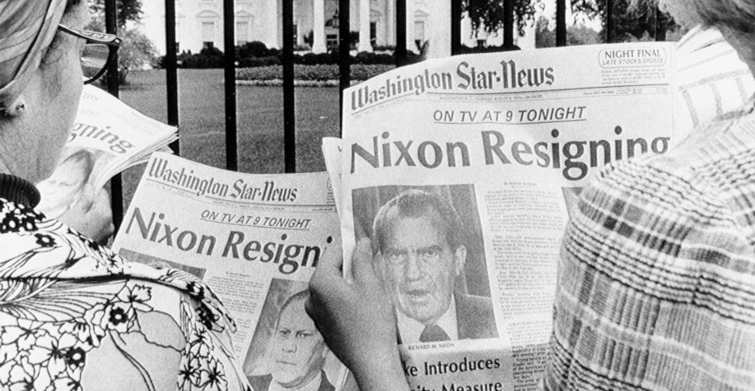 Tourists Reading Nixon Resignation Headline