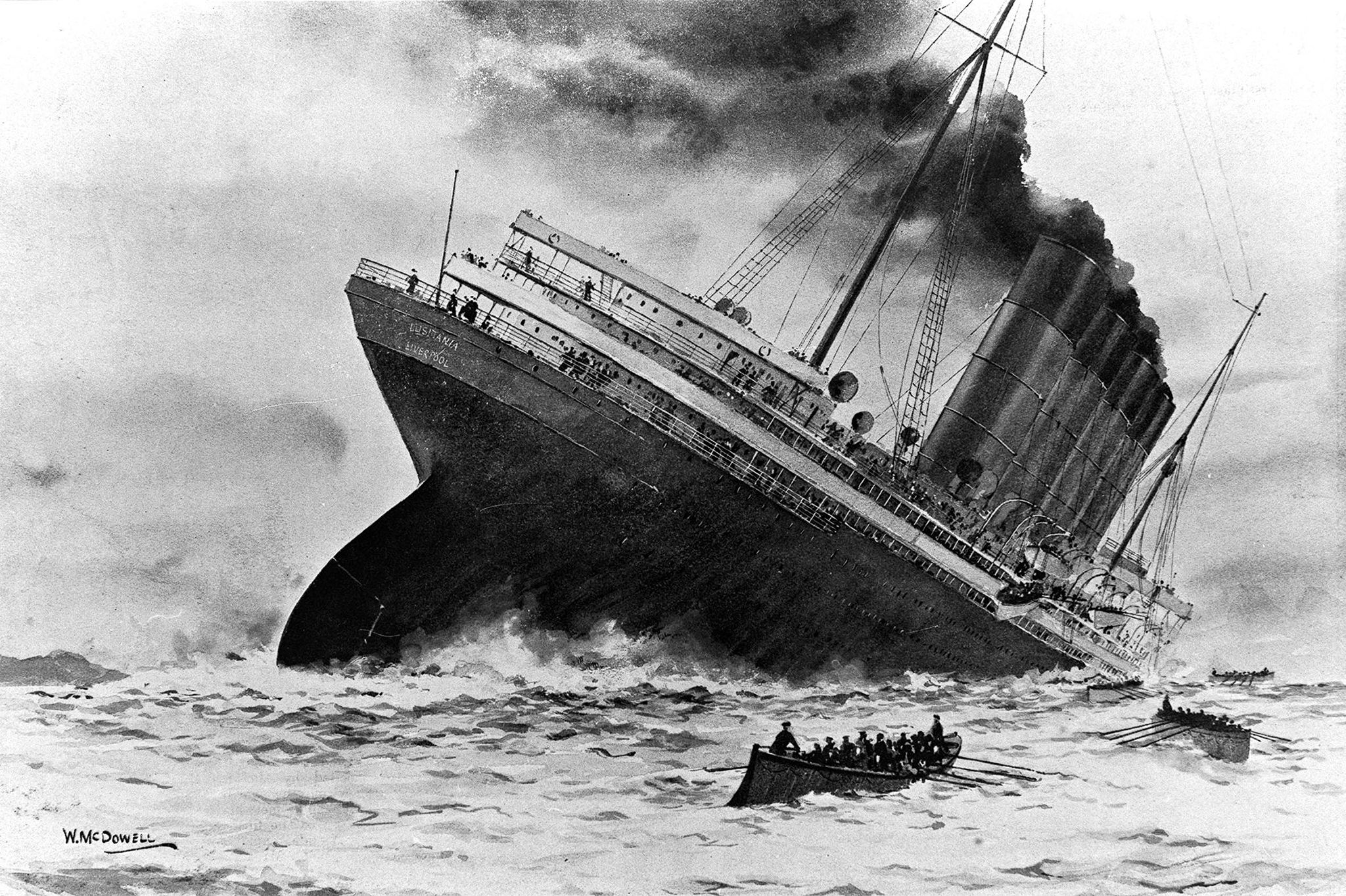 World War I. 7th May 1915. An illustration of the sinking of the British ocean liner RMS Lusitania, torpedoed by German U-boat U-20 off the old head of Kinsale, Ireland.